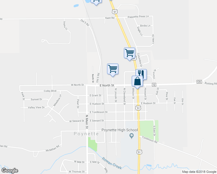 map of restaurants, bars, coffee shops, grocery stores, and more near 215 East North Street in Poynette