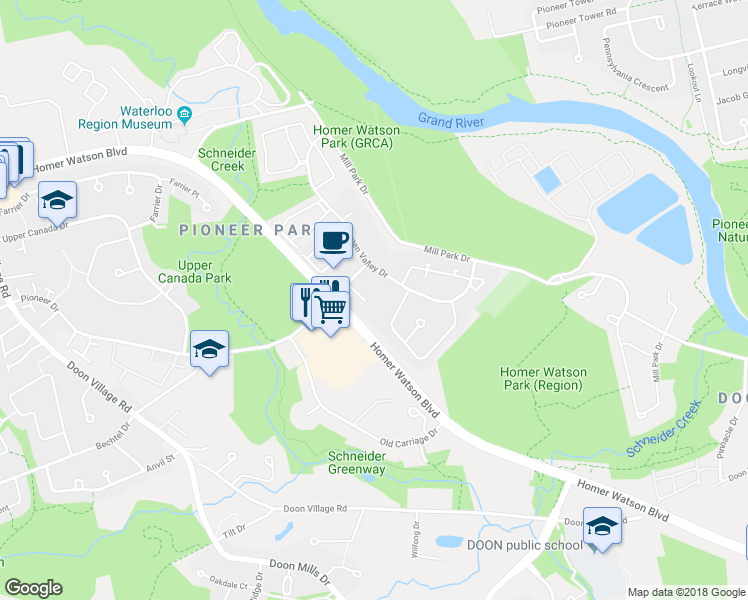 map of restaurants, bars, coffee shops, grocery stores, and more near 38 Arrowhead Crescent in Kitchener