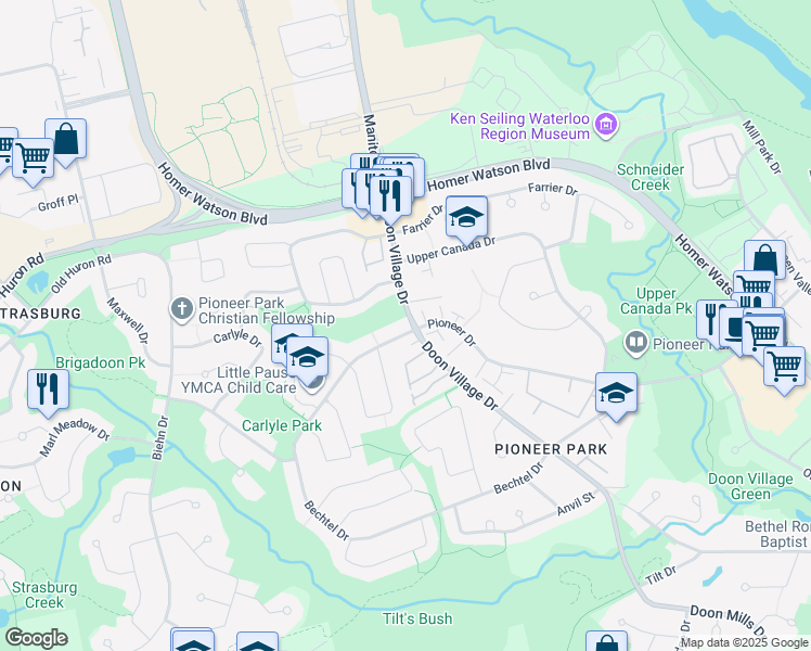map of restaurants, bars, coffee shops, grocery stores, and more near 480 Pioneer Drive in Kitchener