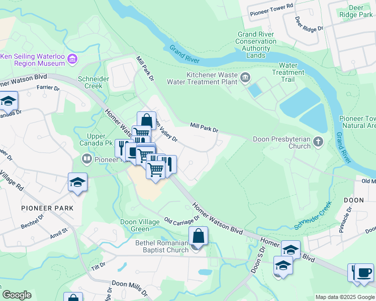 map of restaurants, bars, coffee shops, grocery stores, and more near 148 Green Valley Drive in Kitchener