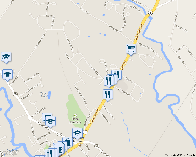 map of restaurants, bars, coffee shops, grocery stores, and more near 49 Merrifield Drive in Kennebunk