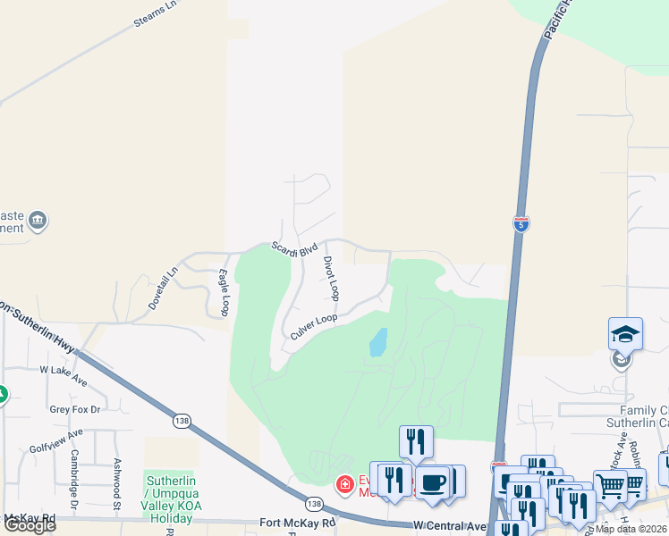 map of restaurants, bars, coffee shops, grocery stores, and more near 680 Divot Loop in Sutherlin