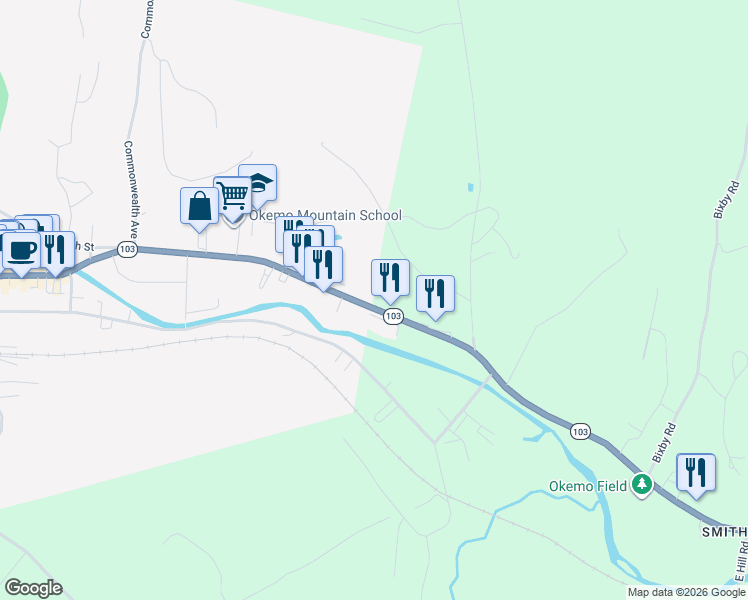 map of restaurants, bars, coffee shops, grocery stores, and more near 8 Main Street in Ludlow