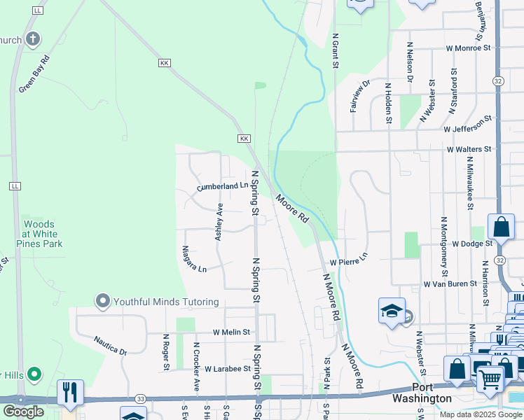map of restaurants, bars, coffee shops, grocery stores, and more near 610 North Spring Street in Port Washington