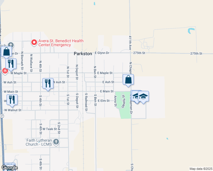 map of restaurants, bars, coffee shops, grocery stores, and more near 503 East Main Street in Parkston