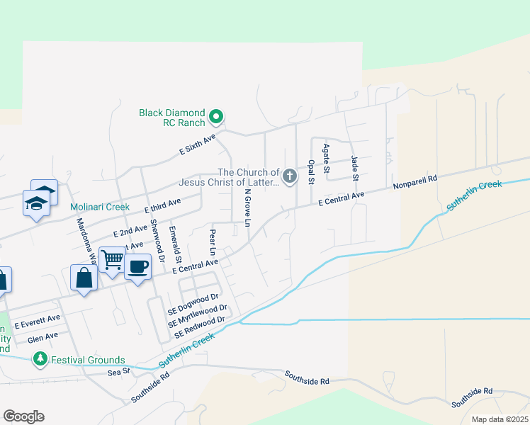 map of restaurants, bars, coffee shops, grocery stores, and more near 206 North Grove Lane in Sutherlin