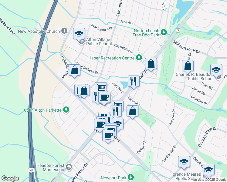 map of restaurants, bars, coffee shops, grocery stores, and more near 3050 Rotary Way in Burlington