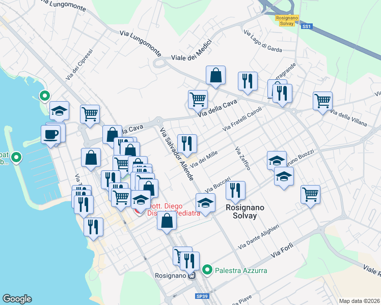 map of restaurants, bars, coffee shops, grocery stores, and more near 2 Via Fratelli Bandiera in Rosignano Solvay-Castiglioncello