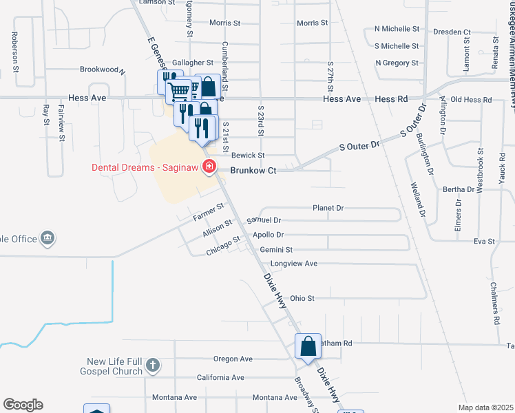map of restaurants, bars, coffee shops, grocery stores, and more near 2527 Planet Drive in Saginaw