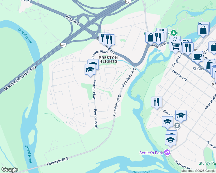 map of restaurants, bars, coffee shops, grocery stores, and more near 504 Parkview Crescent in Cambridge