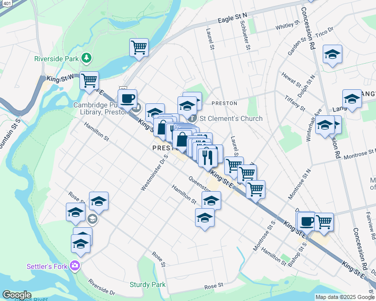 map of restaurants, bars, coffee shops, grocery stores, and more near 827 Waterloo Regional Road 8 in Cambridge