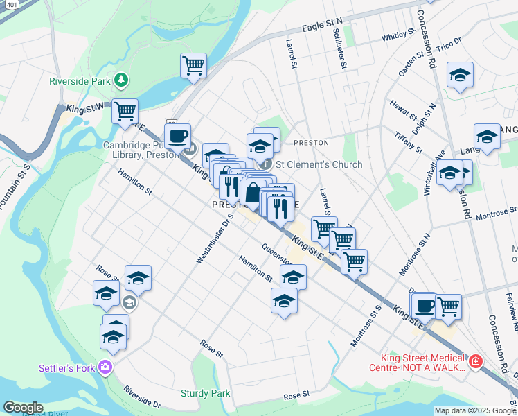 map of restaurants, bars, coffee shops, grocery stores, and more near 718 Waterloo Regional Road 8 in Cambridge