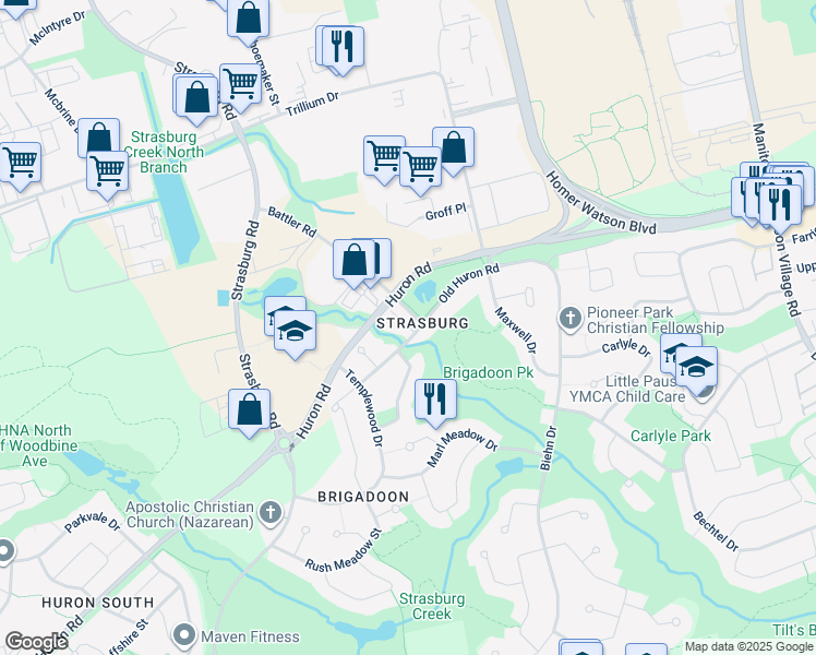 map of restaurants, bars, coffee shops, grocery stores, and more near 7 Marianne Dorn Trail in Kitchener