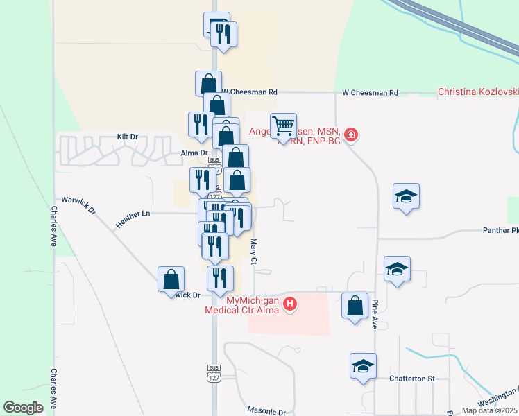 map of restaurants, bars, coffee shops, grocery stores, and more near 1660 Mary Court in Alma