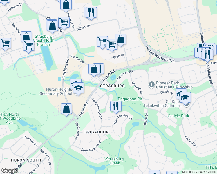 map of restaurants, bars, coffee shops, grocery stores, and more near 7 Marianne Dorn Trail in Kitchener