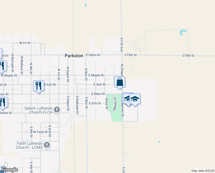 map of restaurants, bars, coffee shops, grocery stores, and more near 623-663 E Main St in Parkston