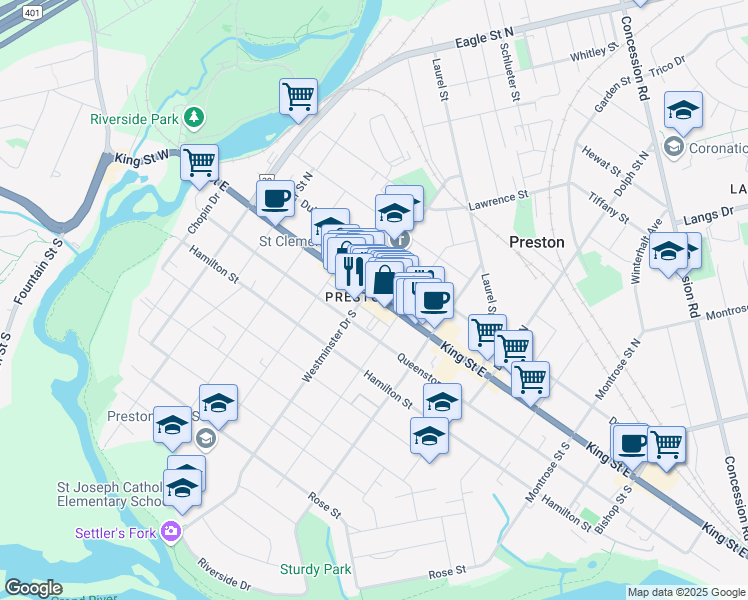 map of restaurants, bars, coffee shops, grocery stores, and more near 718 Waterloo Regional Road 8 in Cambridge