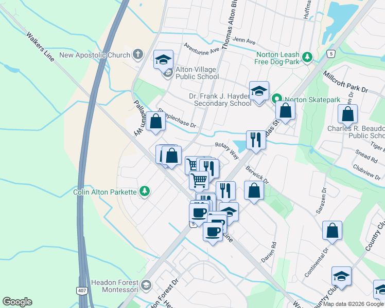 map of restaurants, bars, coffee shops, grocery stores, and more near 4077 Gunby Crescent in Burlington