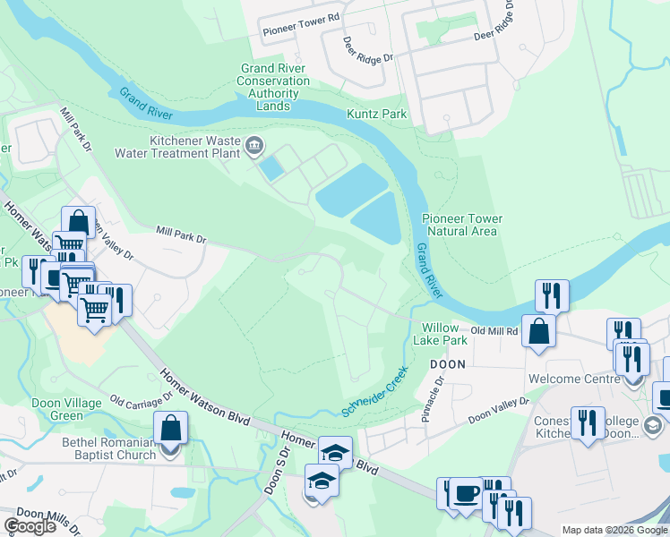 map of restaurants, bars, coffee shops, grocery stores, and more near 481 Mill Park Drive in Kitchener
