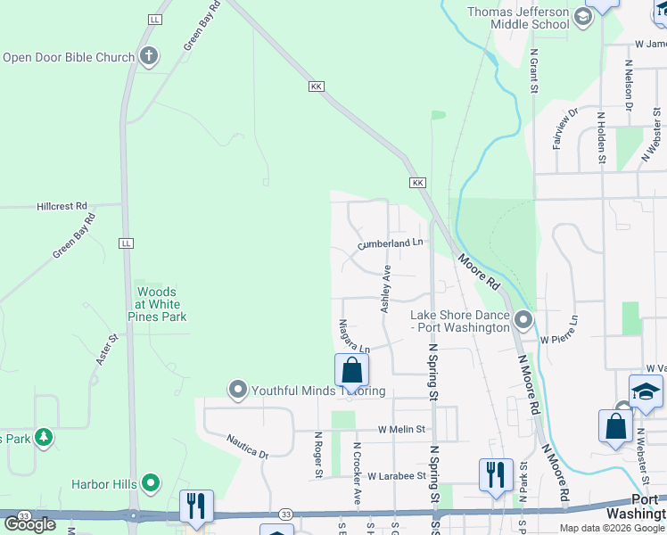 map of restaurants, bars, coffee shops, grocery stores, and more near 1057 Cumberland Lane in Port Washington