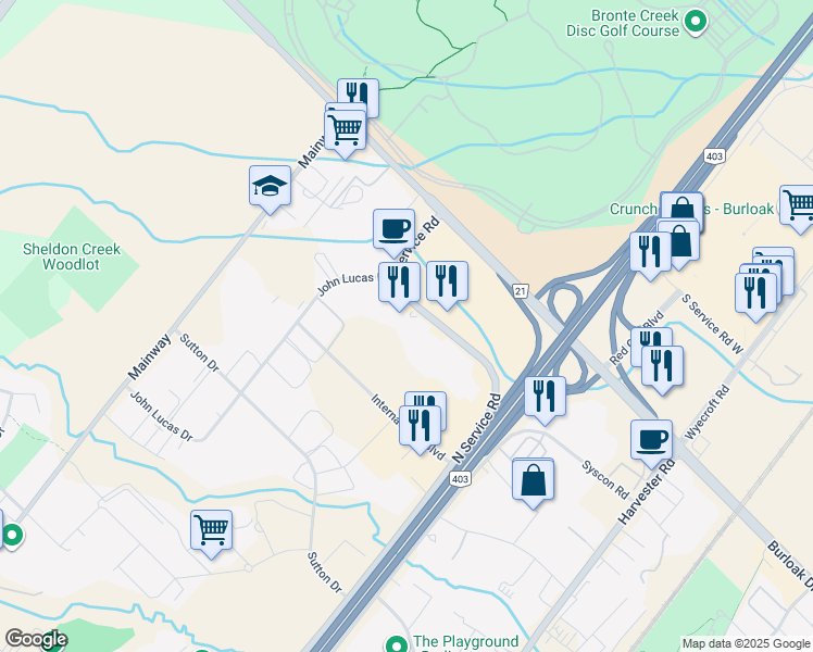 map of restaurants, bars, coffee shops, grocery stores, and more near 5515 North Service Road in Burlington
