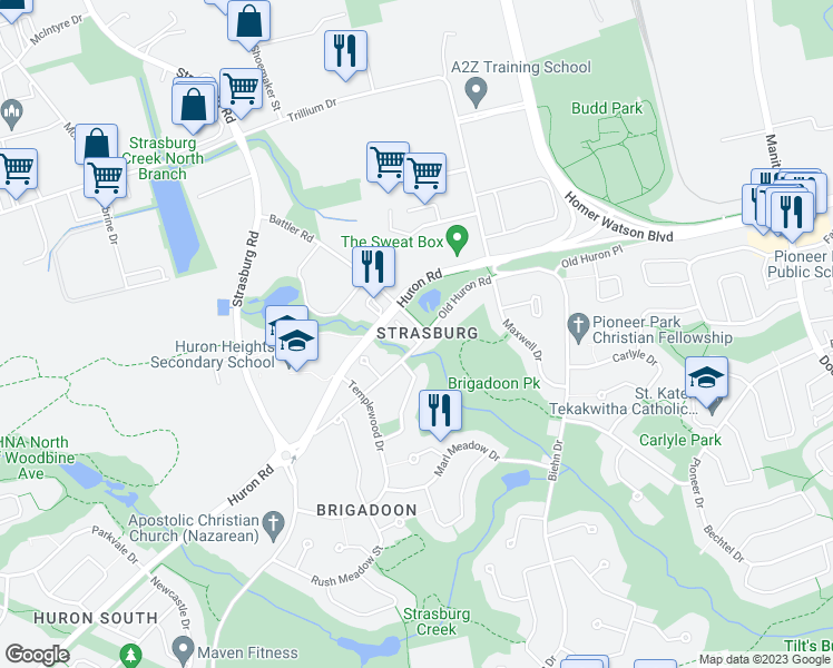 map of restaurants, bars, coffee shops, grocery stores, and more near 275 Old Huron Road in Kitchener