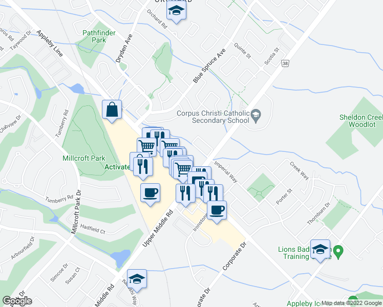map of restaurants, bars, coffee shops, grocery stores, and more near in Burlington