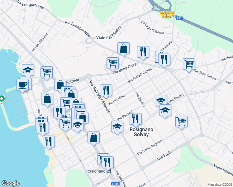 map of restaurants, bars, coffee shops, grocery stores, and more near 2 Via Fratelli Bandiera in Rosignano Solvay-Castiglioncello