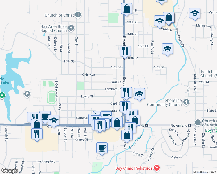 map of restaurants, bars, coffee shops, grocery stores, and more near 2195 Lombard Street in North Bend