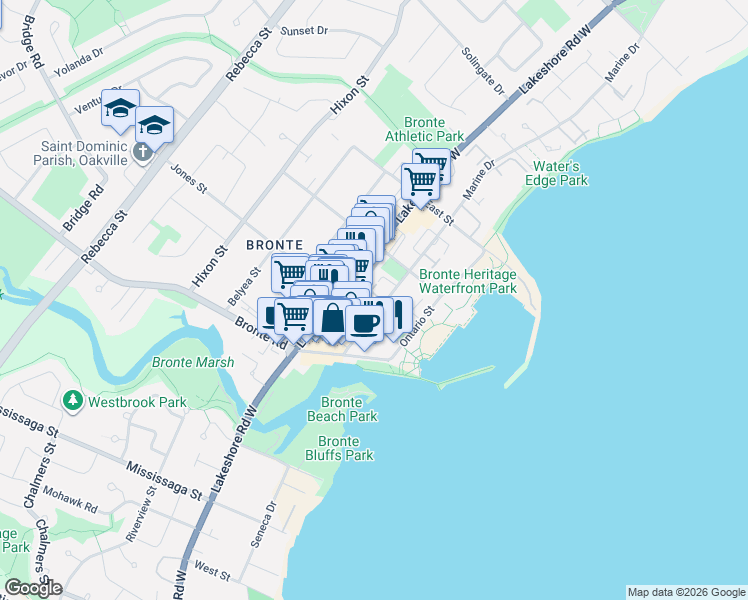 map of restaurants, bars, coffee shops, grocery stores, and more near 2381 Marine Drive in Oakville