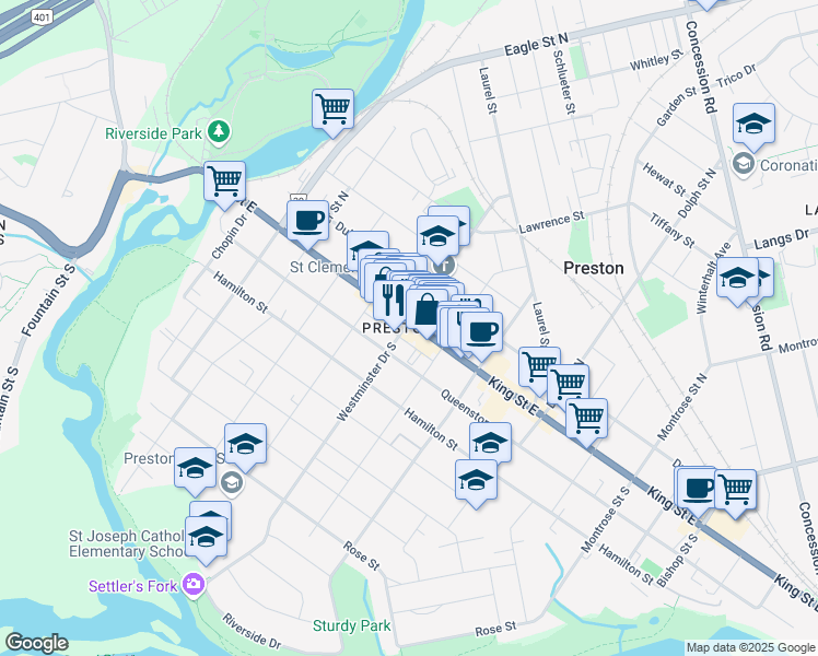 map of restaurants, bars, coffee shops, grocery stores, and more near 718 Waterloo Regional Road 8 in Cambridge