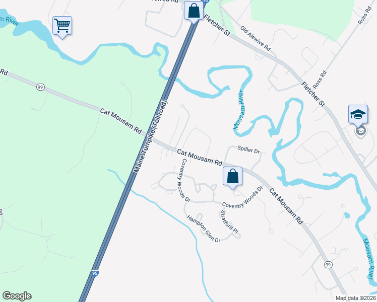 map of restaurants, bars, coffee shops, grocery stores, and more near 250 Cat Mousam Road in Kennebunk