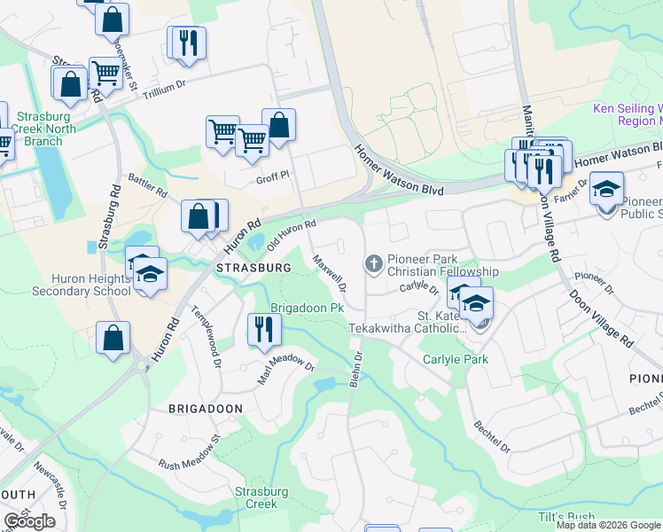 map of restaurants, bars, coffee shops, grocery stores, and more near 63 Maxwell Drive in Kitchener