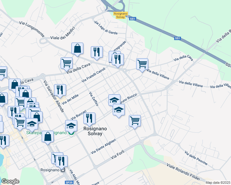 map of restaurants, bars, coffee shops, grocery stores, and more near 4 Via Parenzo in Rosignano Solvay-Castiglioncello