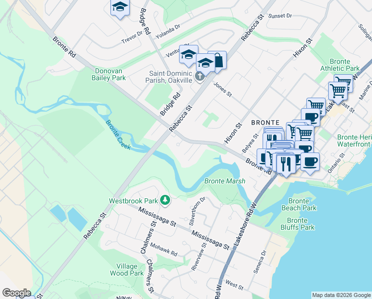 map of restaurants, bars, coffee shops, grocery stores, and more near 2541 Kate Common in Oakville