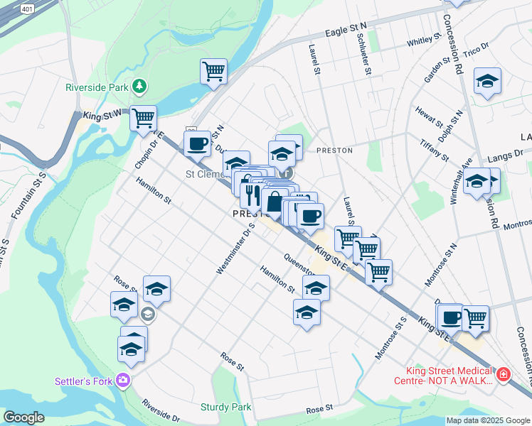 map of restaurants, bars, coffee shops, grocery stores, and more near 718 Waterloo Regional Road 8 in Cambridge