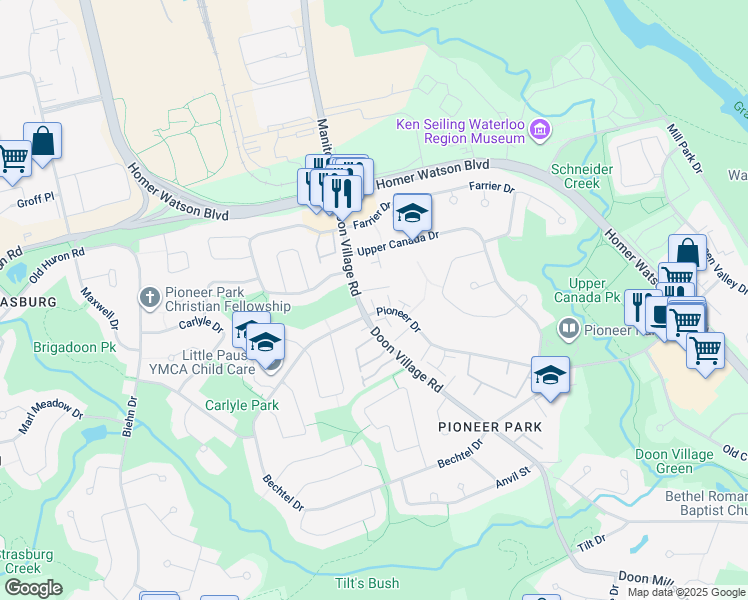 map of restaurants, bars, coffee shops, grocery stores, and more near 445 Pioneer Drive in Kitchener