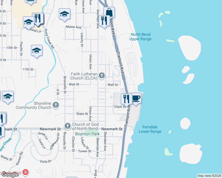 map of restaurants, bars, coffee shops, grocery stores, and more near 2991 Sheridan Avenue in North Bend