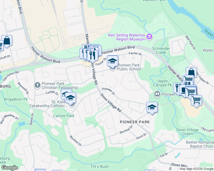 map of restaurants, bars, coffee shops, grocery stores, and more near 420 Pioneer Drive in Kitchener
