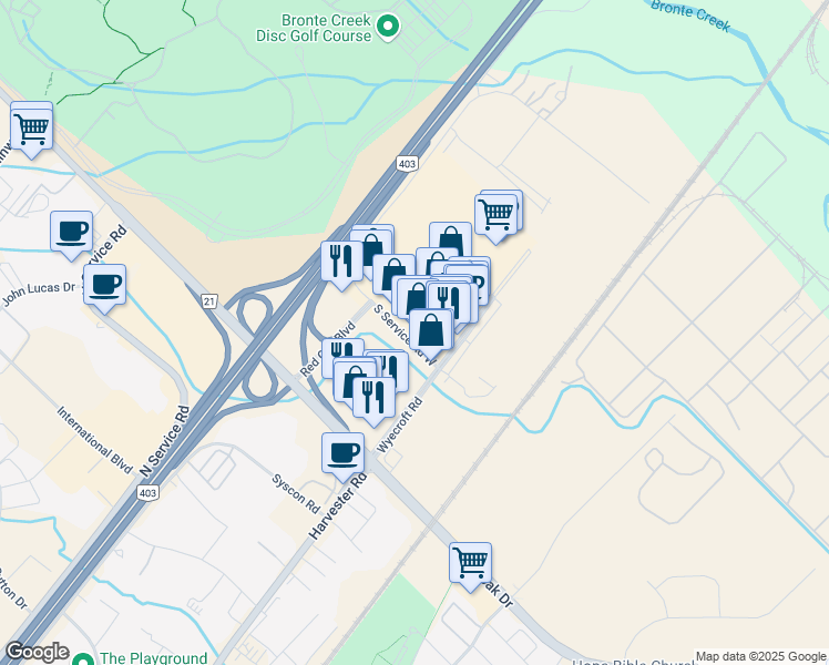 map of restaurants, bars, coffee shops, grocery stores, and more near 3517 Wyecroft Road in Oakville
