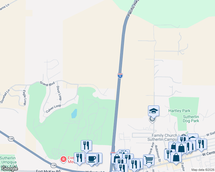 map of restaurants, bars, coffee shops, grocery stores, and more near 725 Slazenger Court in Sutherlin