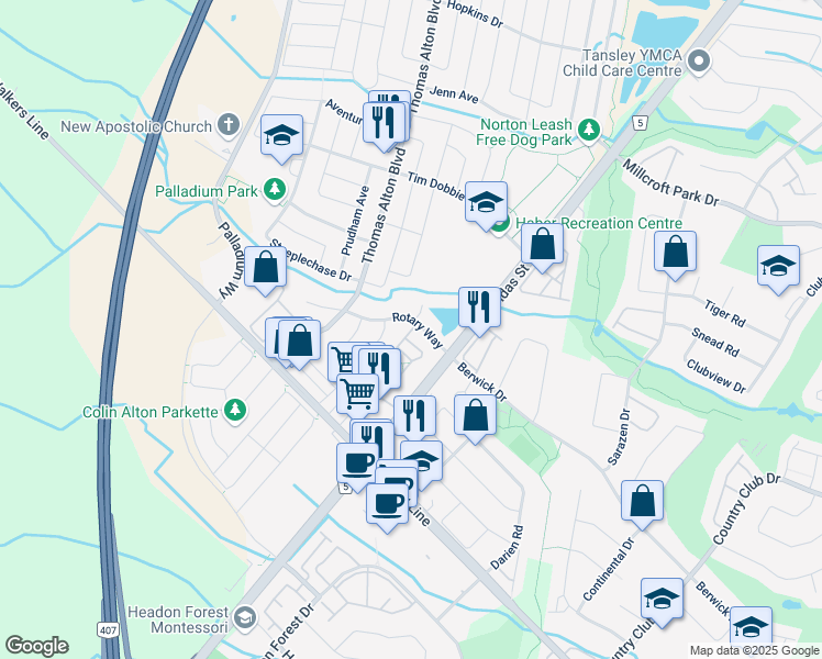 map of restaurants, bars, coffee shops, grocery stores, and more near 3091 Rotary Way in Burlington