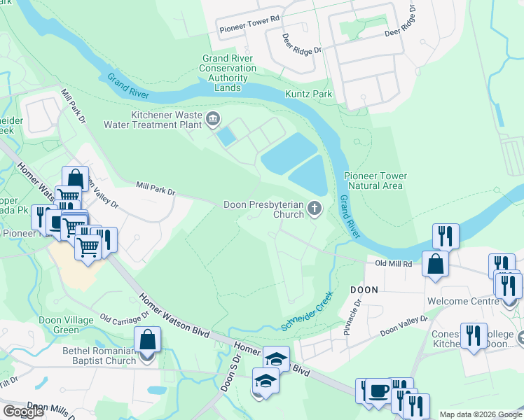 map of restaurants, bars, coffee shops, grocery stores, and more near 2 Morningview Place in Kitchener