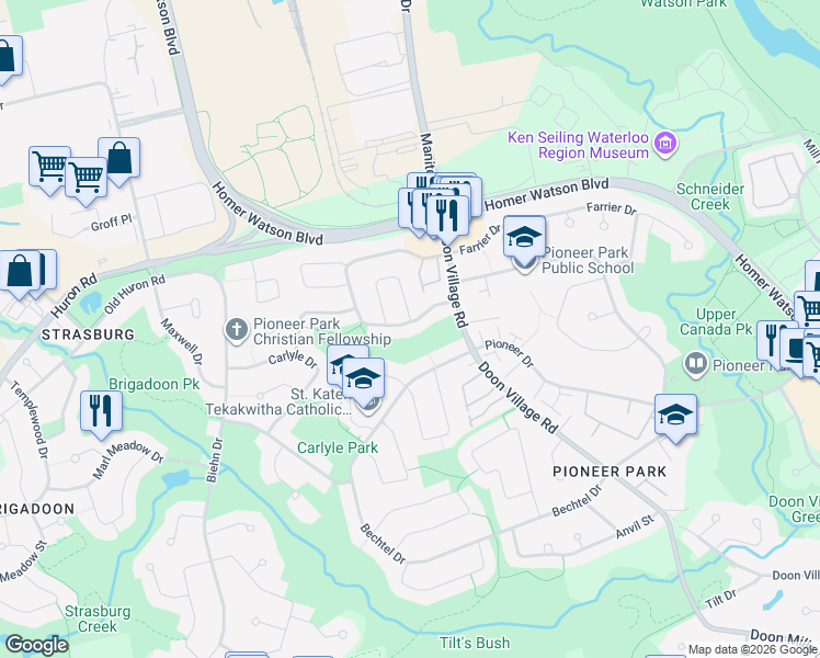 map of restaurants, bars, coffee shops, grocery stores, and more near 168 Millwood Crescent in Kitchener
