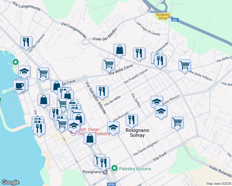 map of restaurants, bars, coffee shops, grocery stores, and more near 45 Via Fratelli Cairoli in Rosignano Solvay-Castiglioncello