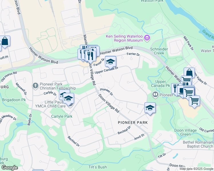 map of restaurants, bars, coffee shops, grocery stores, and more near 12-648 Doon Village Road in Kitchener