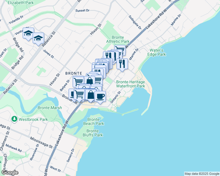 map of restaurants, bars, coffee shops, grocery stores, and more near 2366 Marine Drive in Oakville