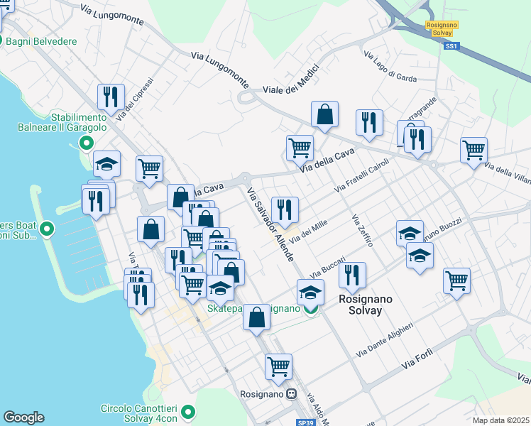 map of restaurants, bars, coffee shops, grocery stores, and more near 21 Via Calatafimi in Rosignano Solvay-Castiglioncello