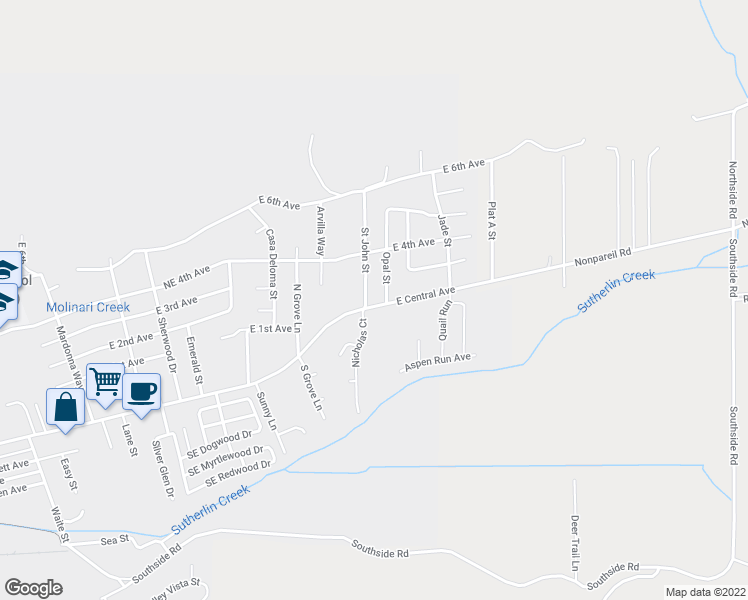 map of restaurants, bars, coffee shops, grocery stores, and more near 304 Northeast Saint Johns Street in Sutherlin