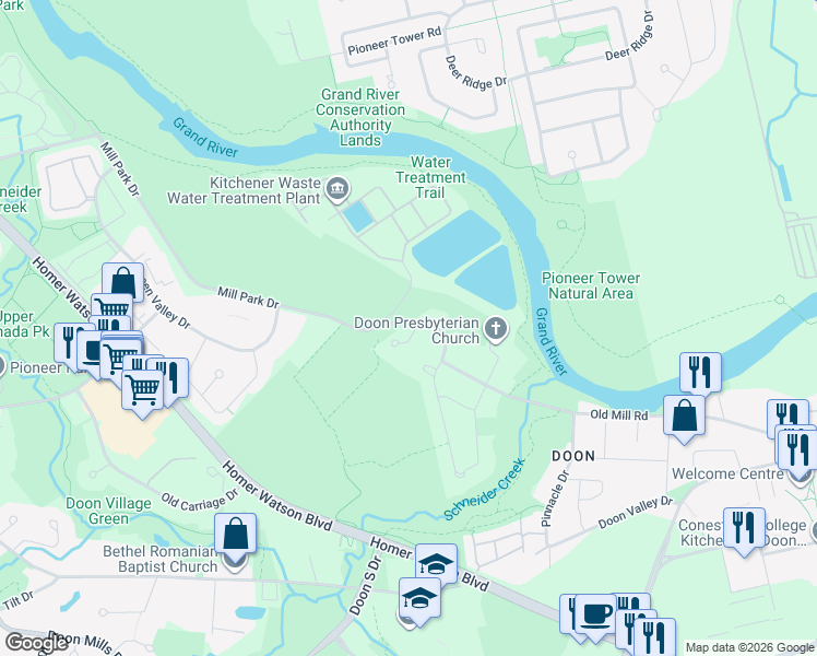 map of restaurants, bars, coffee shops, grocery stores, and more near 2 Morningview Place in Kitchener